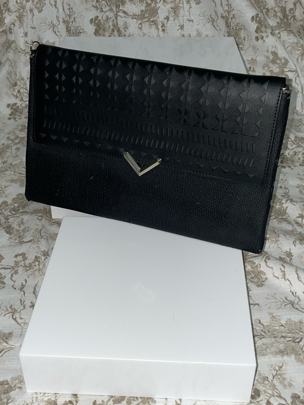 Stella & Dot Black Textured Clutch with V Accent